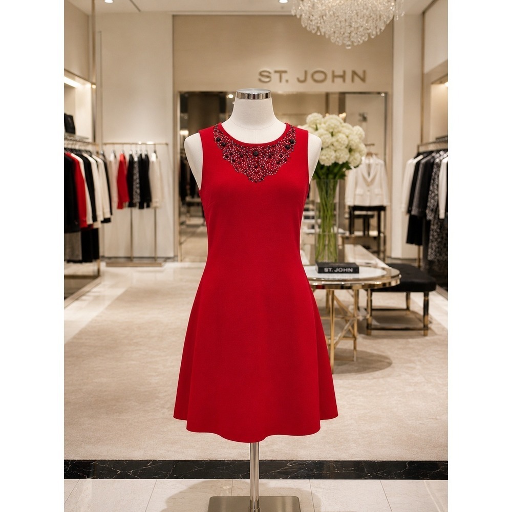 Luxe Ruby Red St. John Crystal Neckline Dress Size 2
